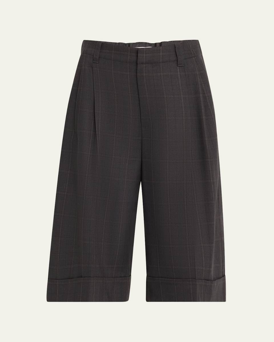 Windowpane Bermuda Pleated Wool Shorts
